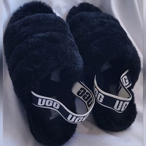 UGG Black Fluffy Slides with Logo Strap